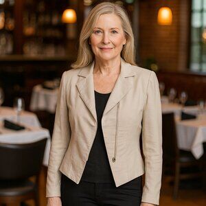 Womens Freda’s Cotton Bamboo Cropped Moto Jacket Sz 10 Cream Lined Tailored Vtg